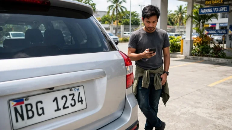 Filipino driver checking his plate number on a smartphone