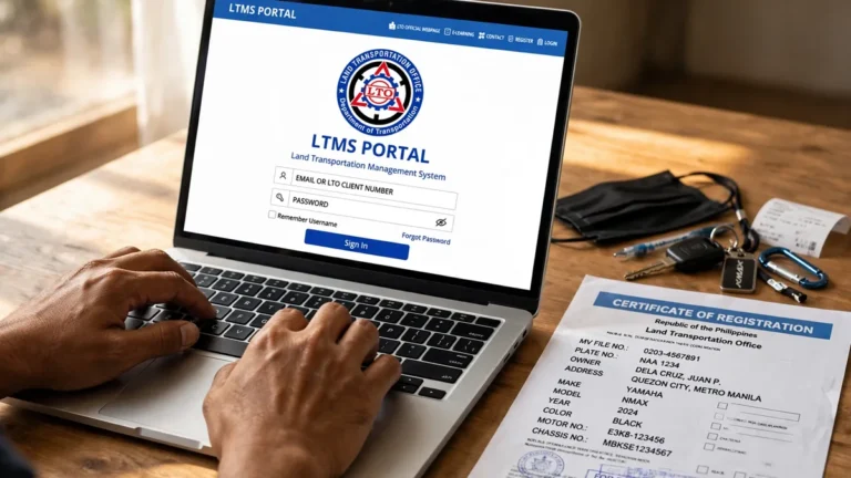 Filipino motorist logging in to the LTMS portal on a laptop beside a certificate of registration