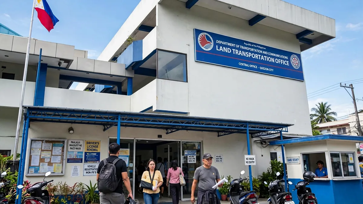 Filipino motorist calling the LTO hotline on a smartphone with office contact details beside a calendar