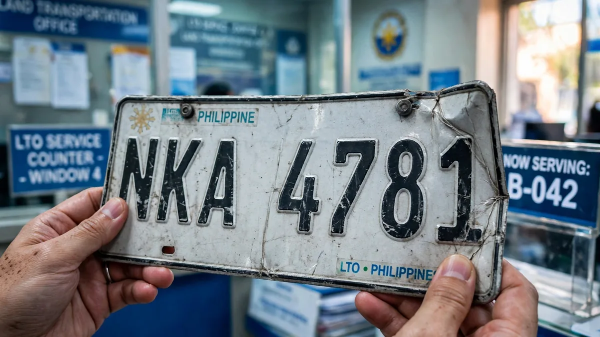 LTO plate replacement: Filipino motorist holding a damaged plate and an affidavit of loss at an LTO office