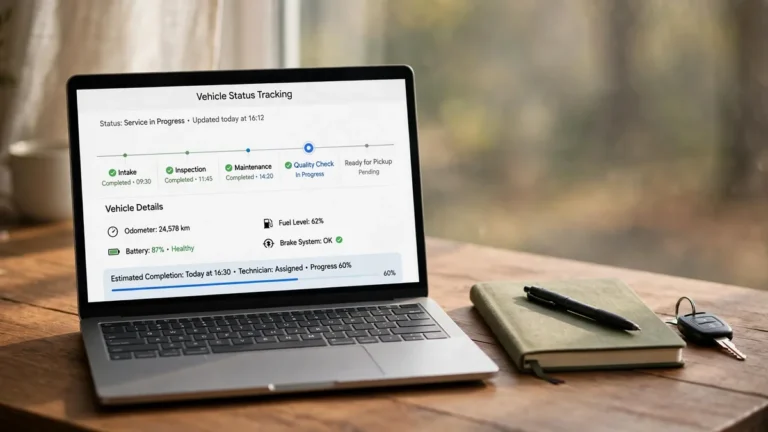 Laptop showing a vehicle plate tracking dashboard with delivery timeline