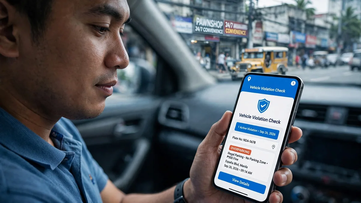 Filipino driver checking LTO violations on a smartphone inside his car