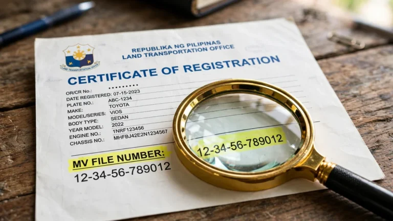 Certificate of Registration with the MV file number highlighted under a magnifying glass