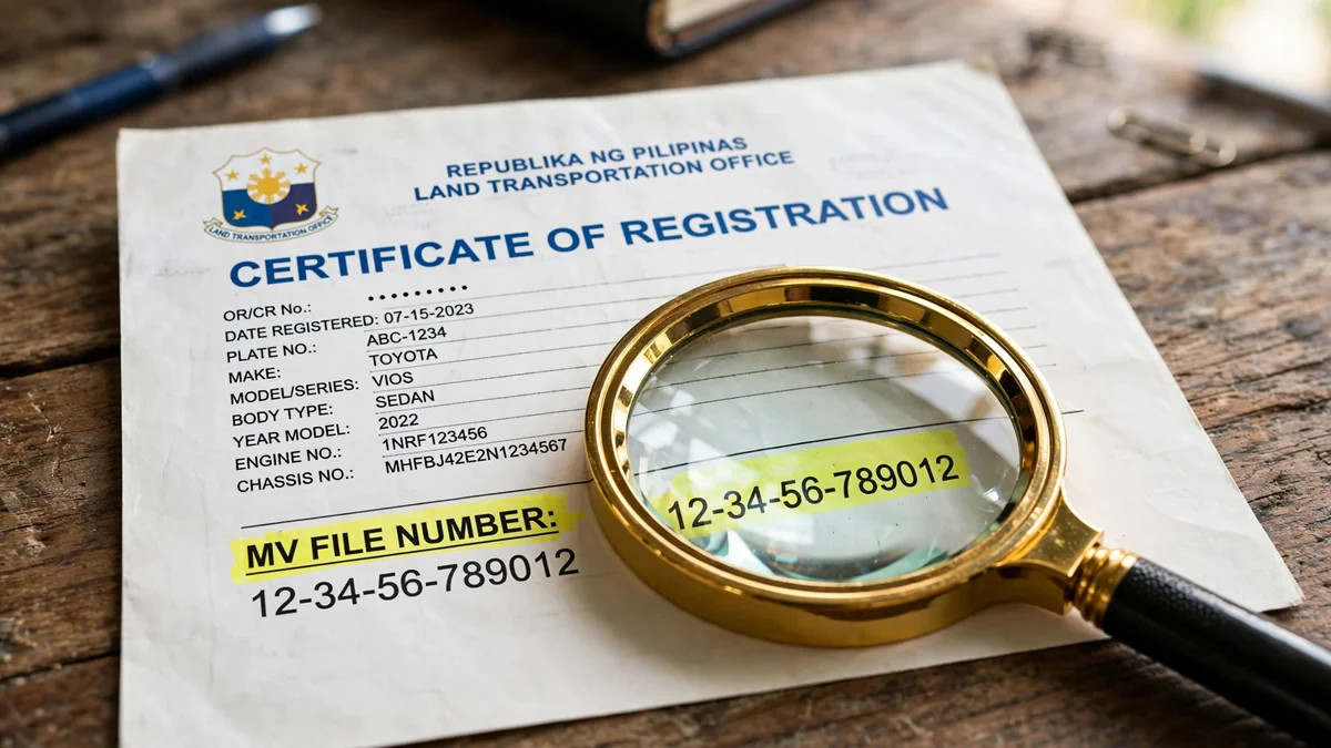 Certificate of Registration with the MV file number highlighted under a magnifying glass